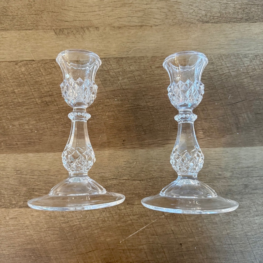 Vintage Longchamp Cristal d'Arques Candlesticks Diamond Point Clear Glass